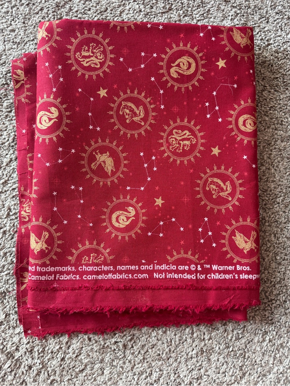 2 Yards Harry Potter Red Cotton Quilting Fabric with Metallic Gold Motifs
